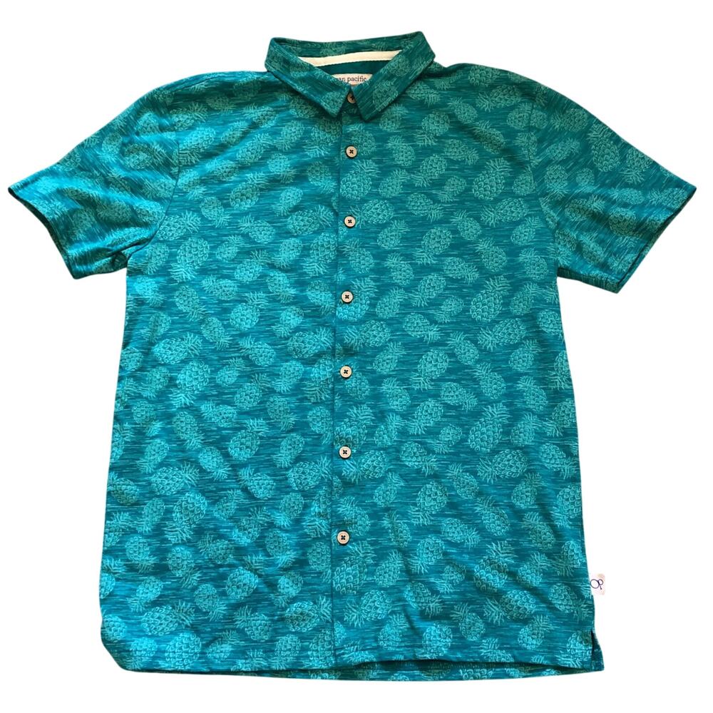 Ocean Pacific Shirt Men's Large Teal Pineapple Print Button Front Short Sleeve